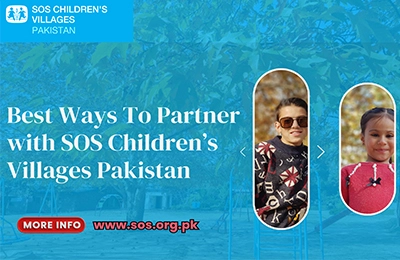 Promotional banner for SOS Children's Villages Pakistan showcasing their children services in Pakistan with images of smiling children. Includes a website link for more information.