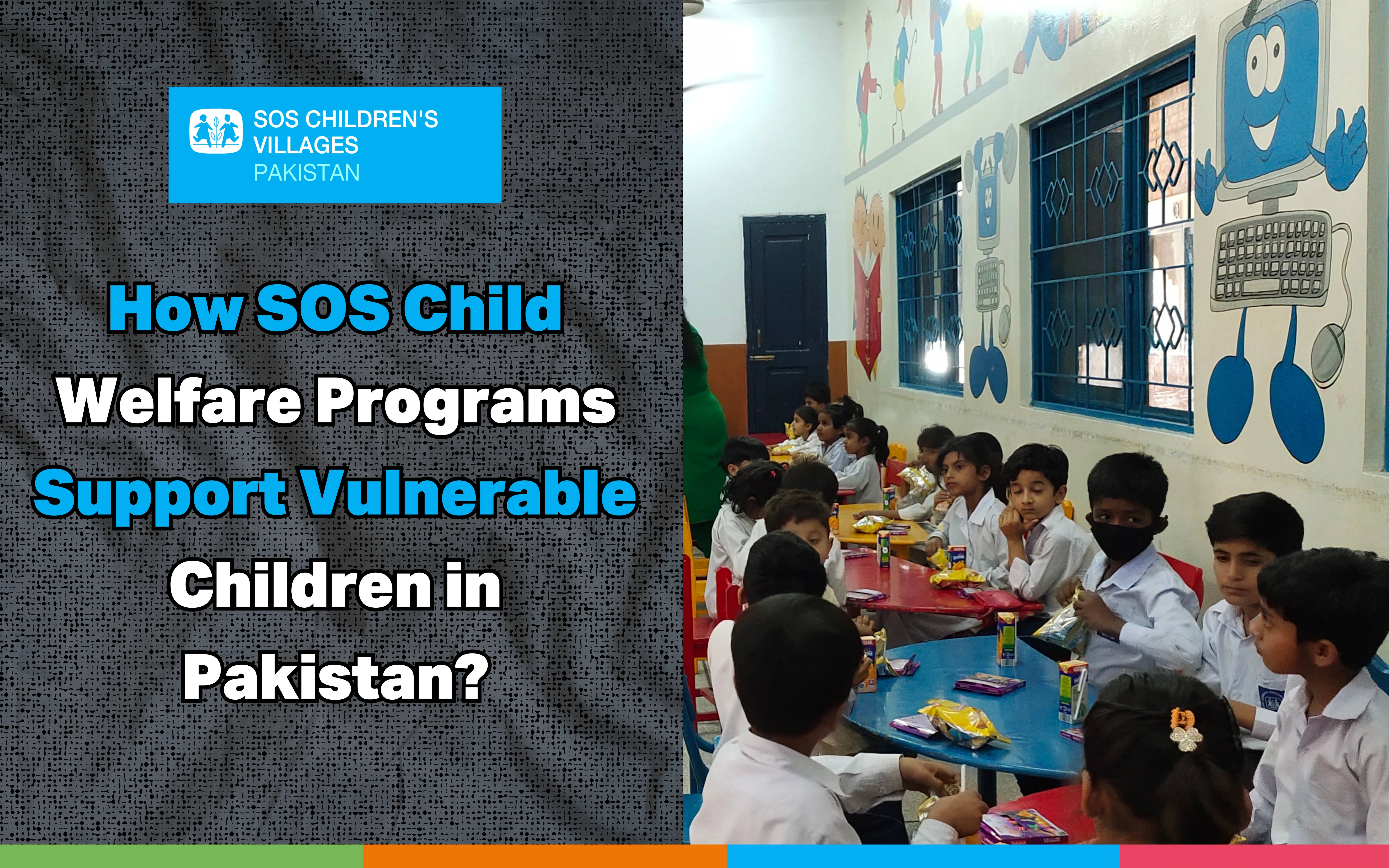 Promotional banner for SOS Children's Villages Pakistan showcasing their children services in Pakistan with images of smiling children. Includes a website link for more information.